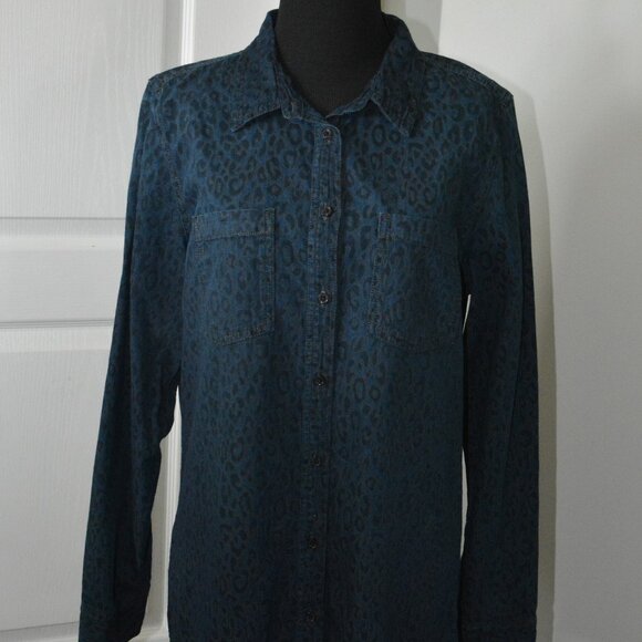 Code Bleu Long Sleeve Button Up Shirt Leopard Anial Print Pockets Women's Medium - Picture 1 of 7